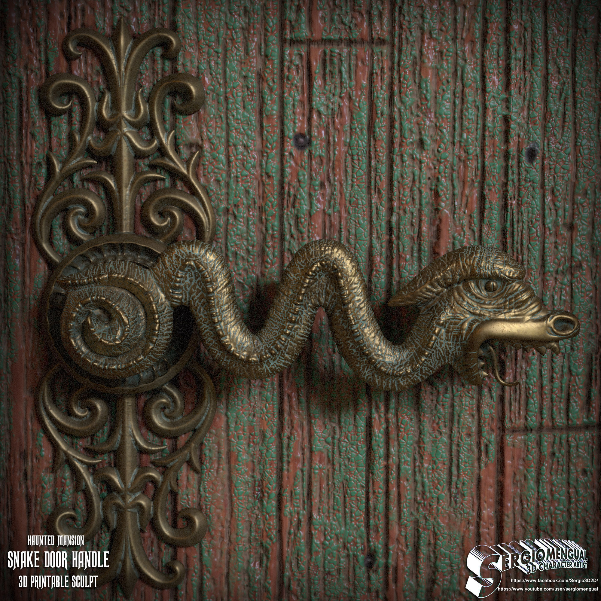 Haunted Mansion Snake Door Handle 3D Printable Sculpt 3D print model_1