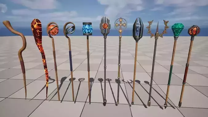 Fantasy staffs Low-poly 3D model