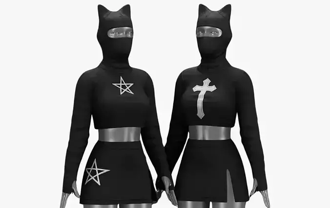 Black Cat Set - Pentagram-Cross - Beanie Blouse and Skirt