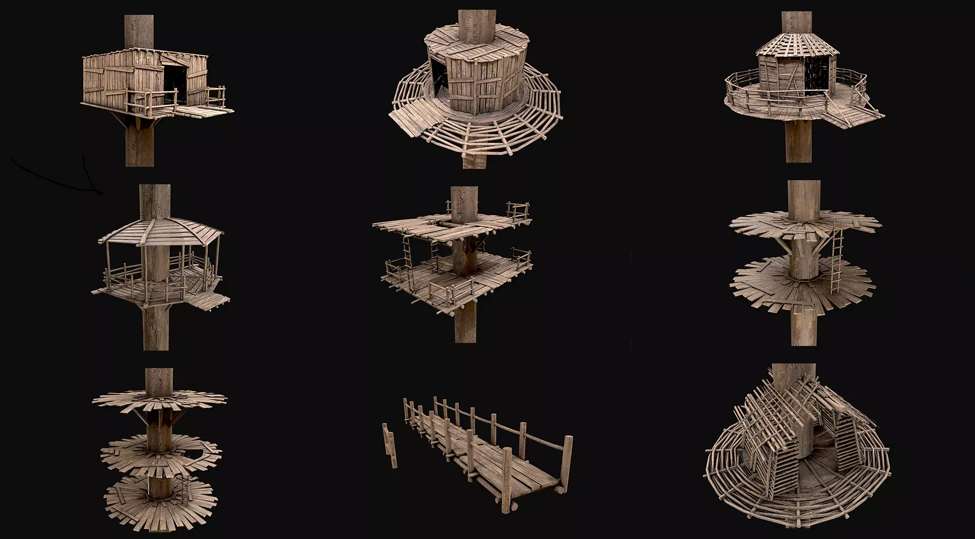 Wooden Tree House Shelters and Platforms 3D Model Collection_0