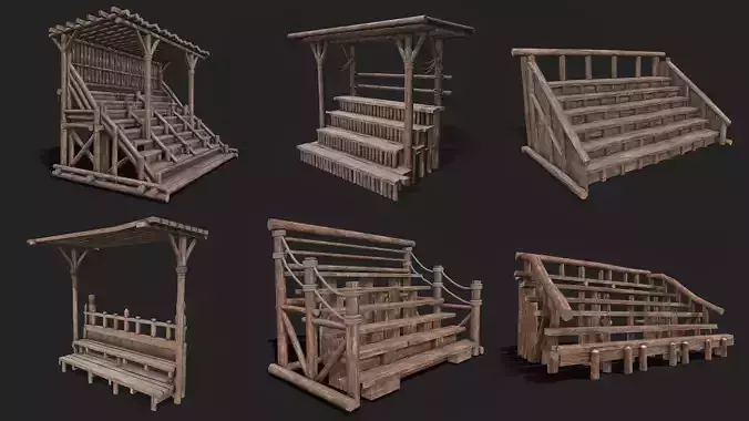 Medieval Wooden Bleacher Tribune Low Poly PBR Collection