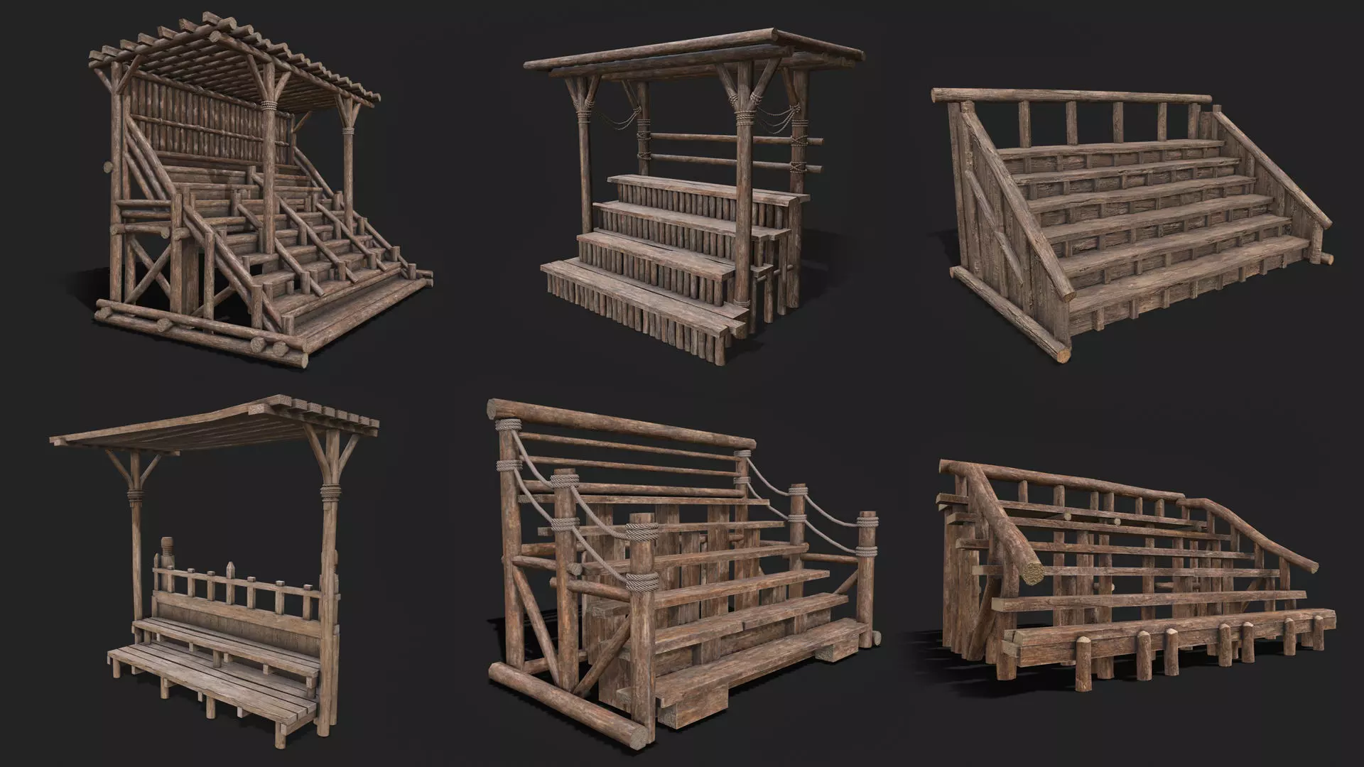Medieval Wooden Bleacher Tribune Low Poly PBR Collection _0