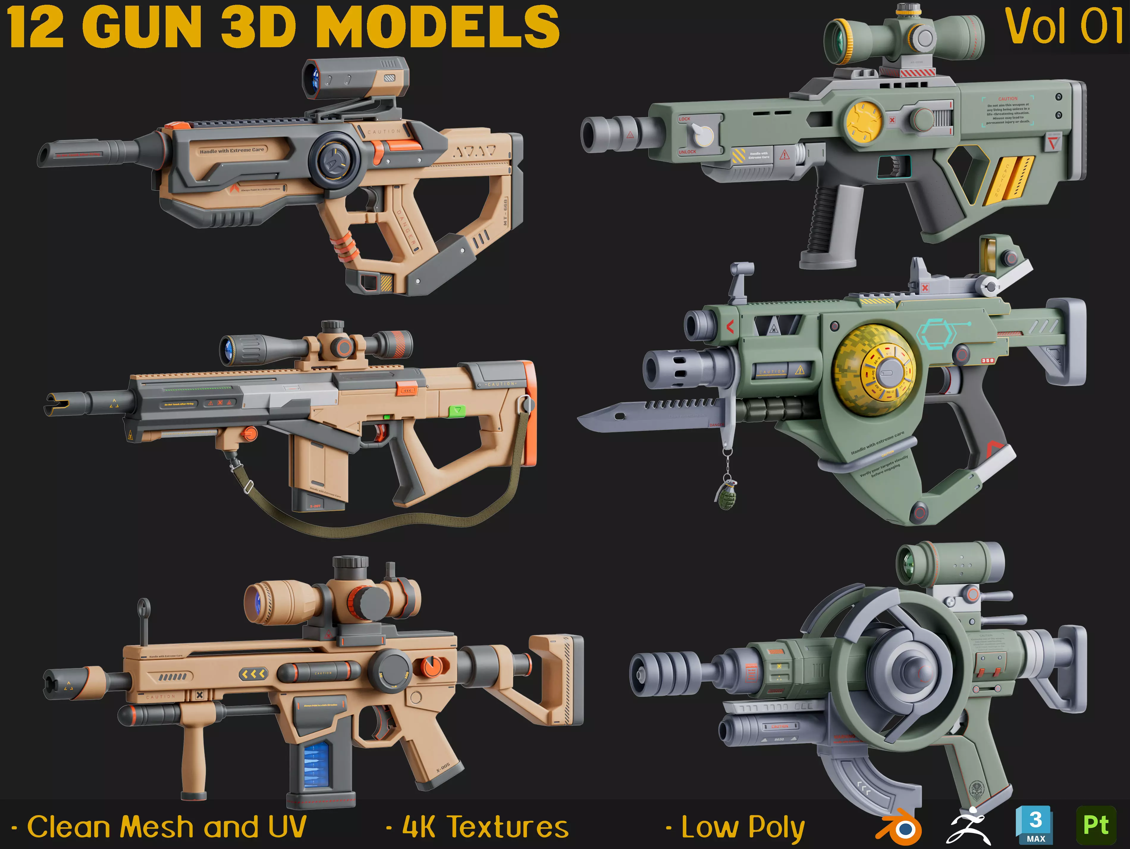 12 Gun And Weapon 3D Models Low-poly 3D model