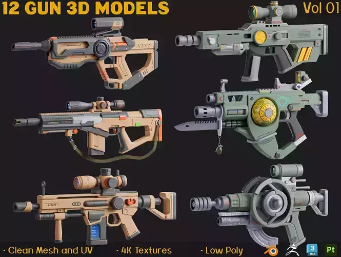 12 Gun And Weapon 3D Models