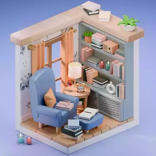 Stylized Isometric 3D Reading Corner Model - Ready-to-Render