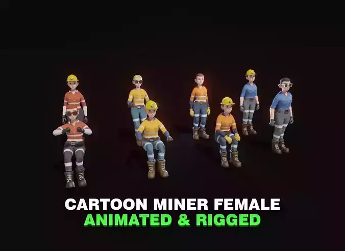 Stylized Female Miner 3D Model Animated Customizable