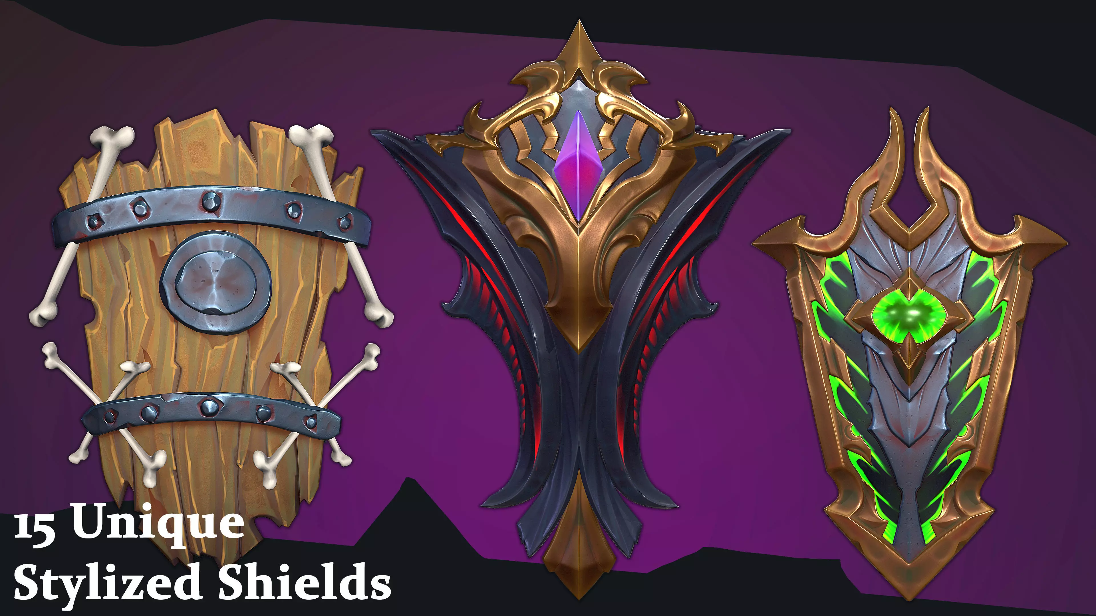 15 Stylized Shields Low-poly 3D model_0