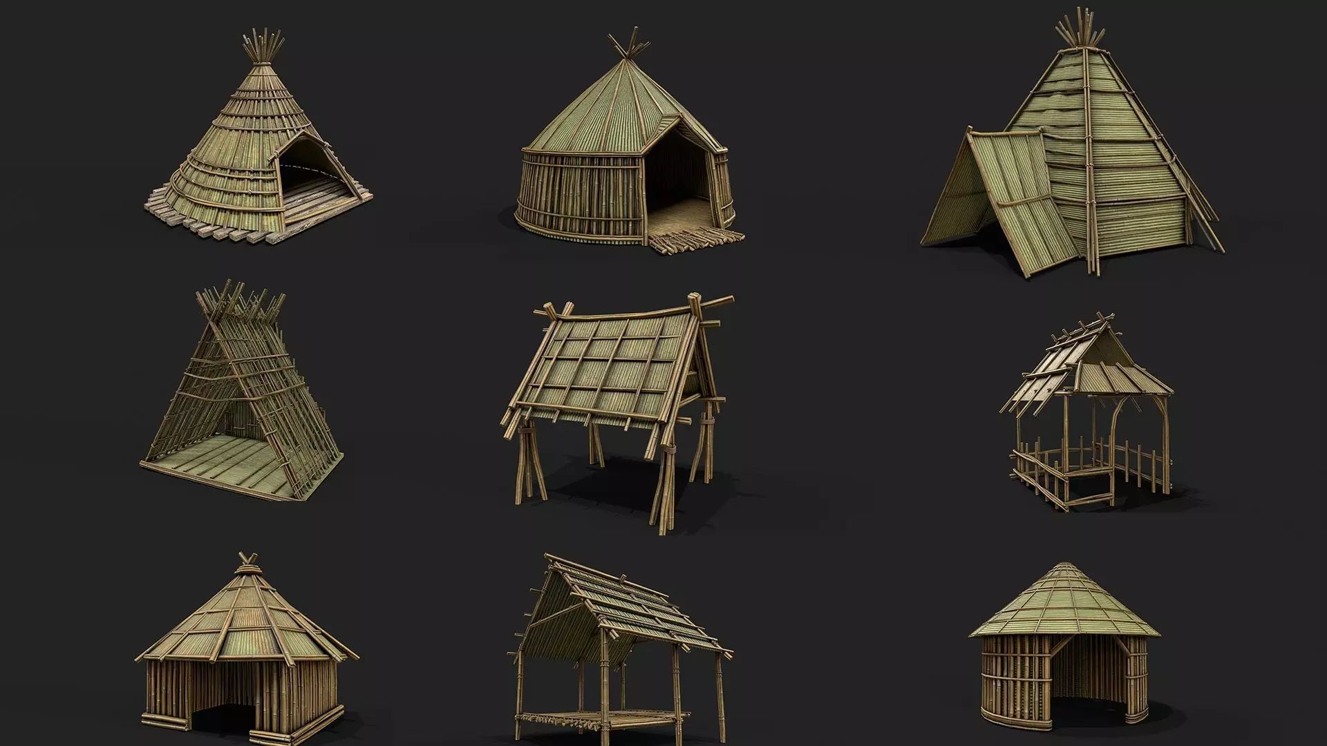 9 Bamboo Shelter Low Poly 3D Model Collection_0