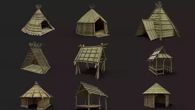 9 Bamboo Shelter Low Poly 3D Model Collection