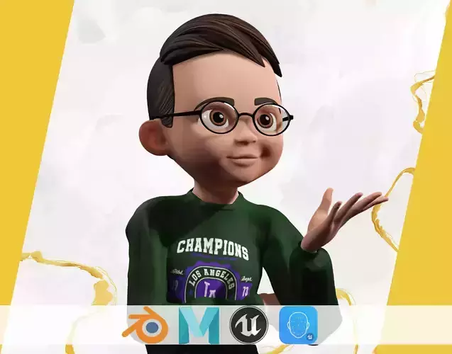 Smart Stylized Boy Character with Glasses Rigged and Ready Low-poly 3D model