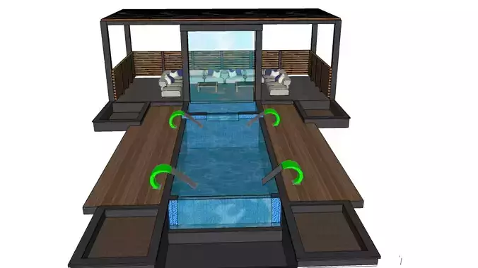 3D Model of a Swimming Pool with Wooden Deck Pergola Seating