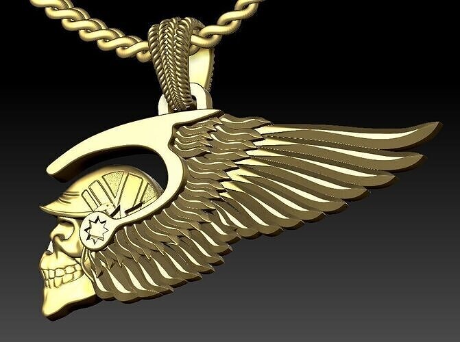biker skull with helmet wings pendant 3D print model