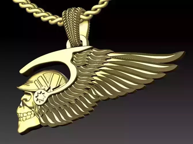 biker skull with helmet wings pendant