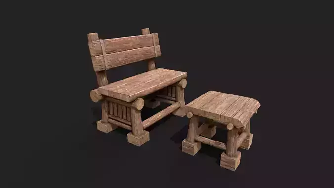 Wooden Medieval Bench and Stool