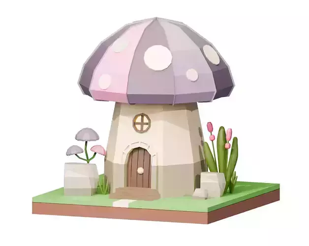 Low-Poly Stylized Mushroom House Asset