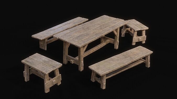 Medieval woden furniture Low-poly 3D model