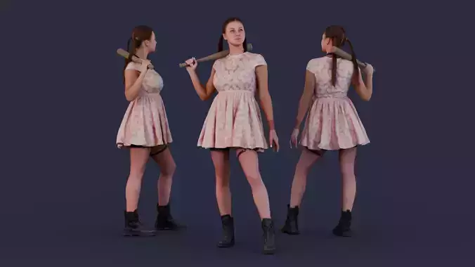 Edgy Girl in Lace Dress with Baseball Bat 3D model