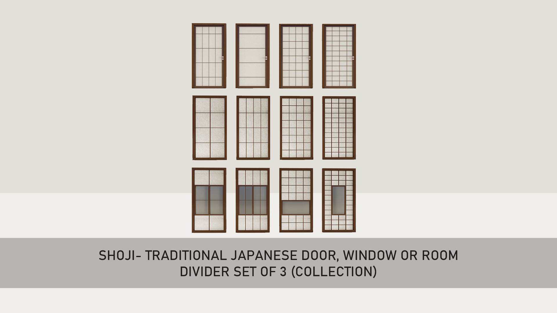 Shoji- Traditional Japanese door window or room divider set 3D Model Collection_1
