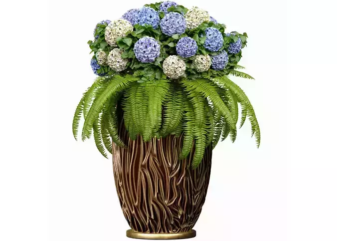 Decorative hydrangea flowers in a garden vase urn