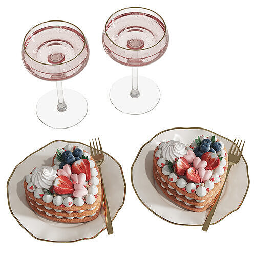 Cakes with champagne glasses 3D model 2