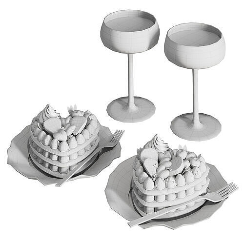 Cakes with champagne glasses 3D model 4