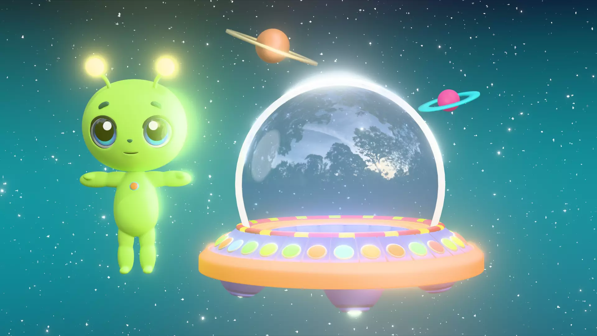 Cartoon Alien rigged with spaceship and scene 3D model_0