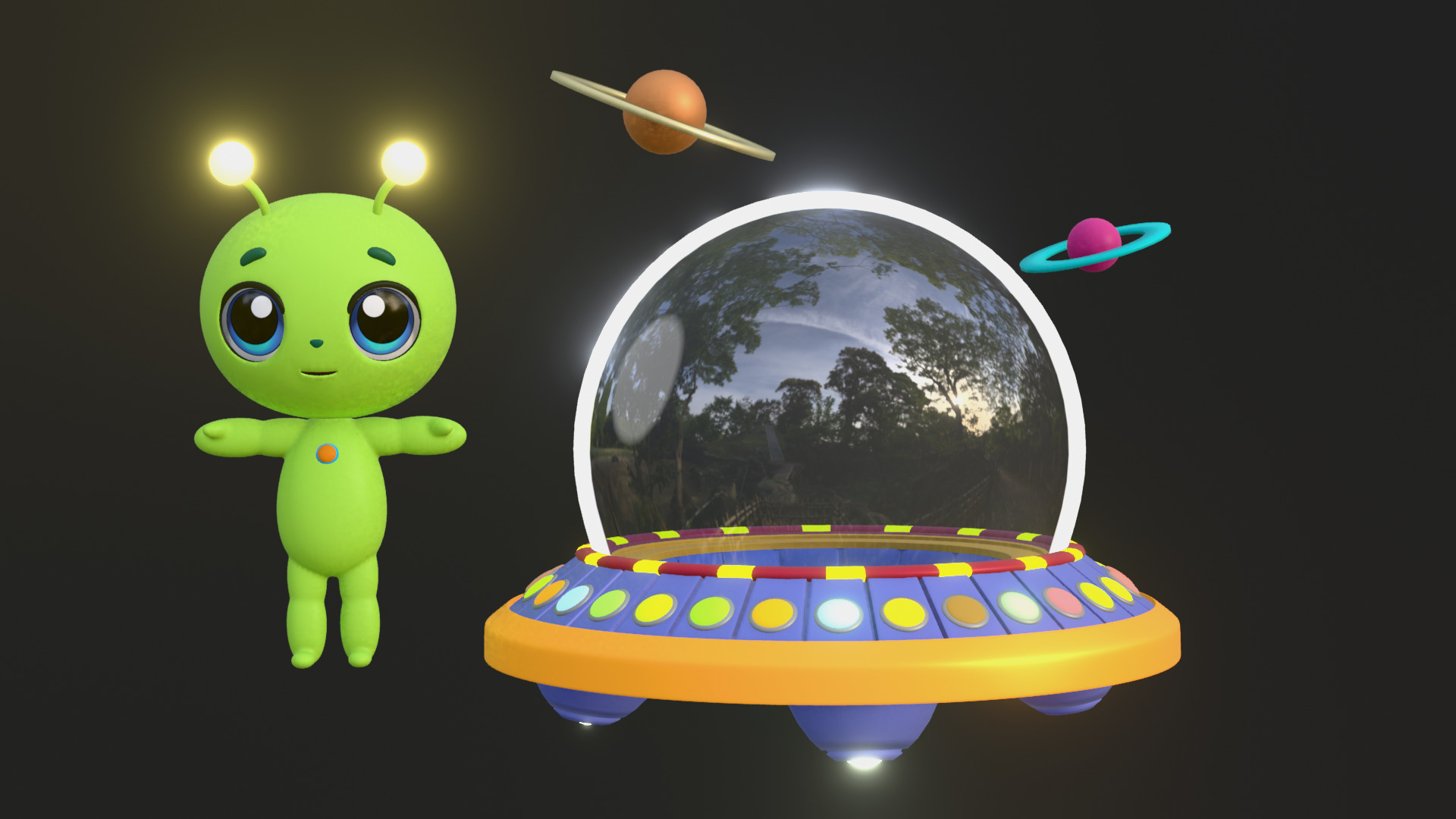 Cartoon Alien rigged with spaceship and scene 3D model_2