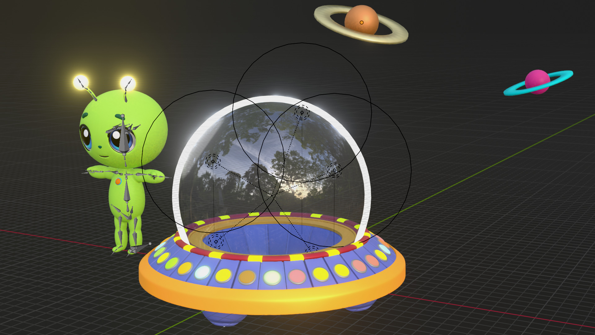 Cartoon Alien rigged with spaceship and scene 3D model_3