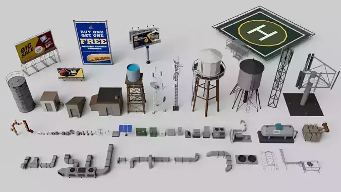 Rooftop Props Collection Pack Low-poly 3D model