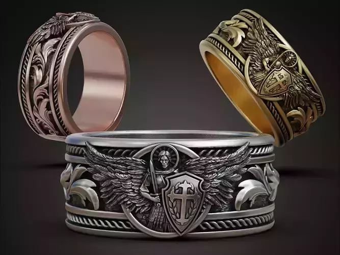 Saint Archangel Michael Baroque Band Ring Detailed Original