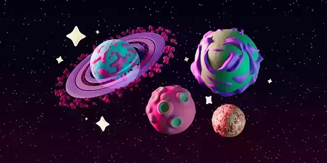 Colorful texturized cartoony planets set