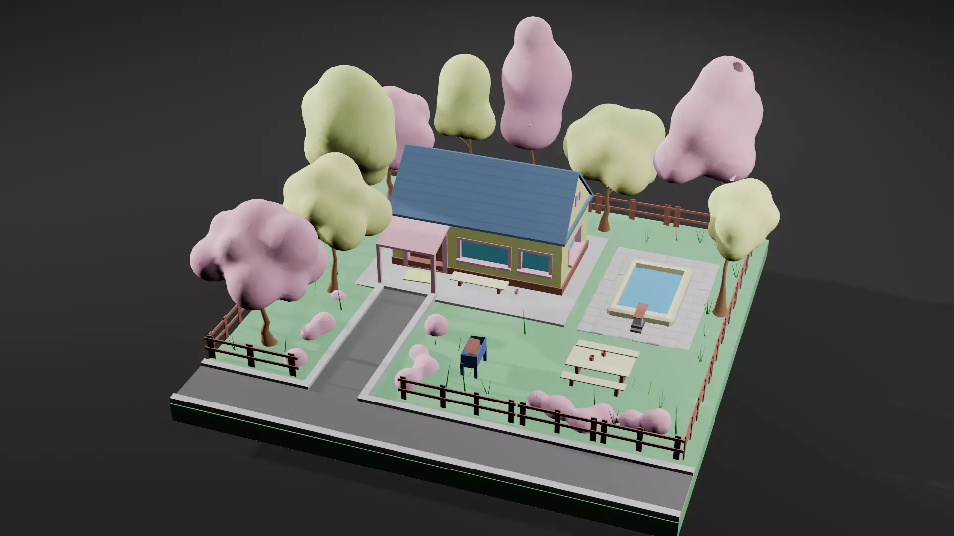 Autumn Cartoon House Illustration Scene - 3D Model Low-poly 3D model_0