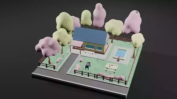 Autumn Cartoon House Illustration Scene - 3D Model Low-poly 3D model