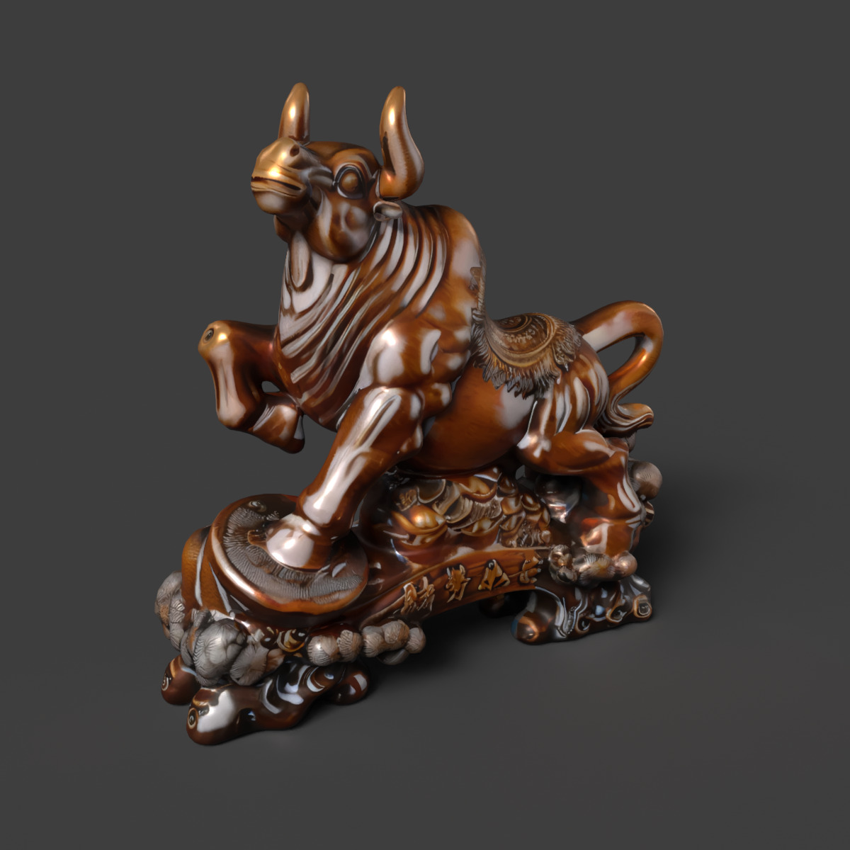 Chinese wooden ox figure  Low-poly 3D model_6