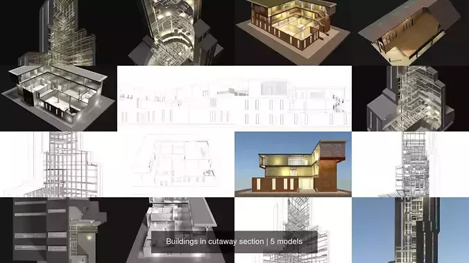 Buildings in cutaway section set 01