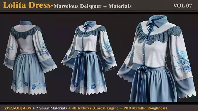 Lolita Dress -MD-Clo3d-Smart Material-Textures-OBJ-FBX 3D model