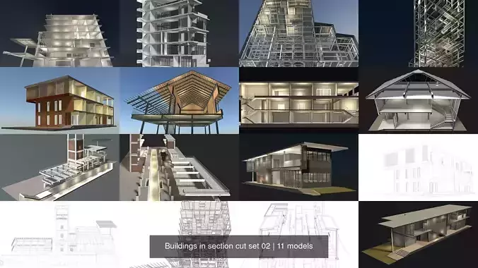 Buildings in section cut set 02 3D Model Collection