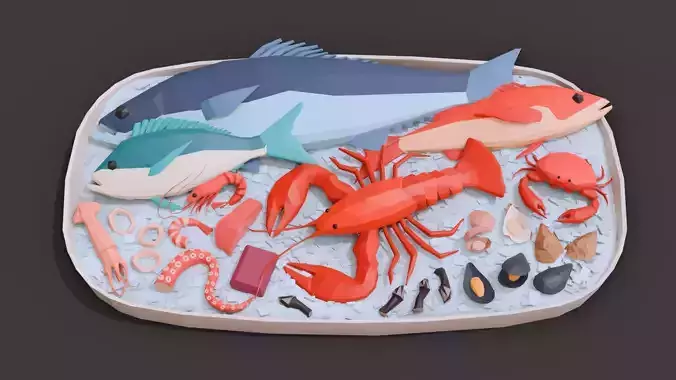 Collection 30 Seafood and Fish Low Poly 