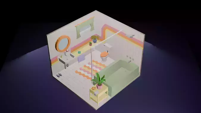 Low-Poly Retro Bathroom Interior Scene 3D Model Low-poly 3D model