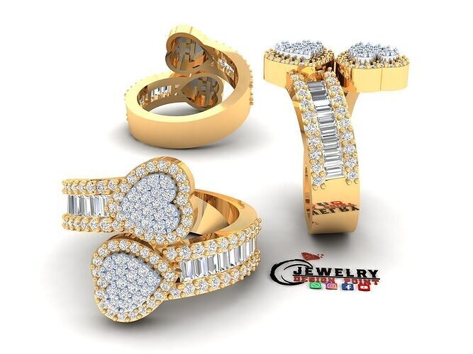 Custom Heart Shape Baguettes Diamond Ring - Cluster Rings 3D print model