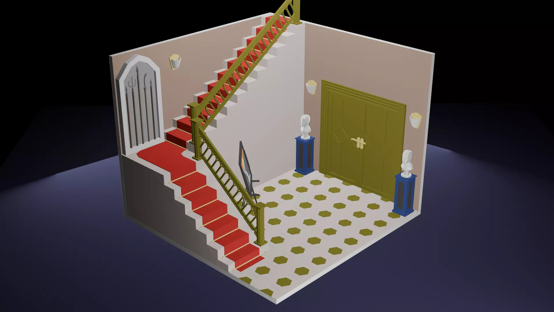 Low-Poly Grand Entrance Hallway Scene 3D Model for Architectural Low-poly 3D model_0