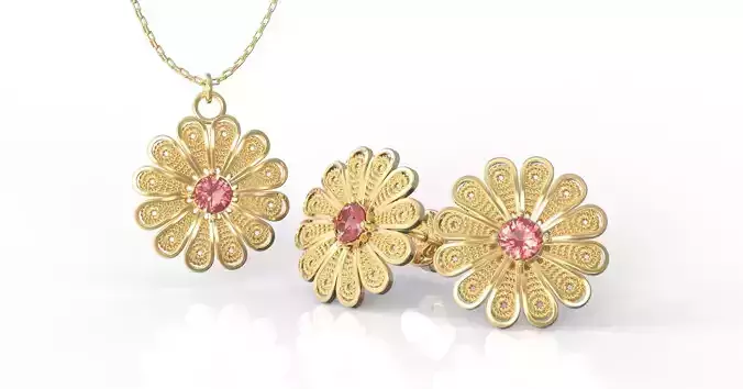 Filigree Flower Stud and Pendant 5 Daisy with stone 3D print model