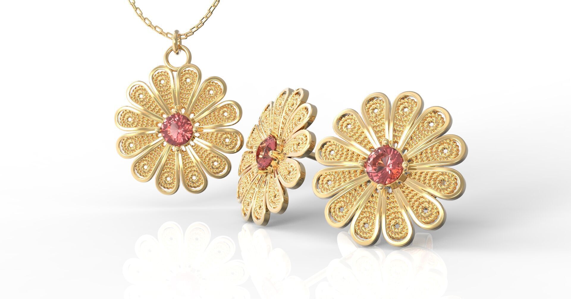 Filigree Flower Stud and Pendant 5 Daisy with stone 3D print model_4