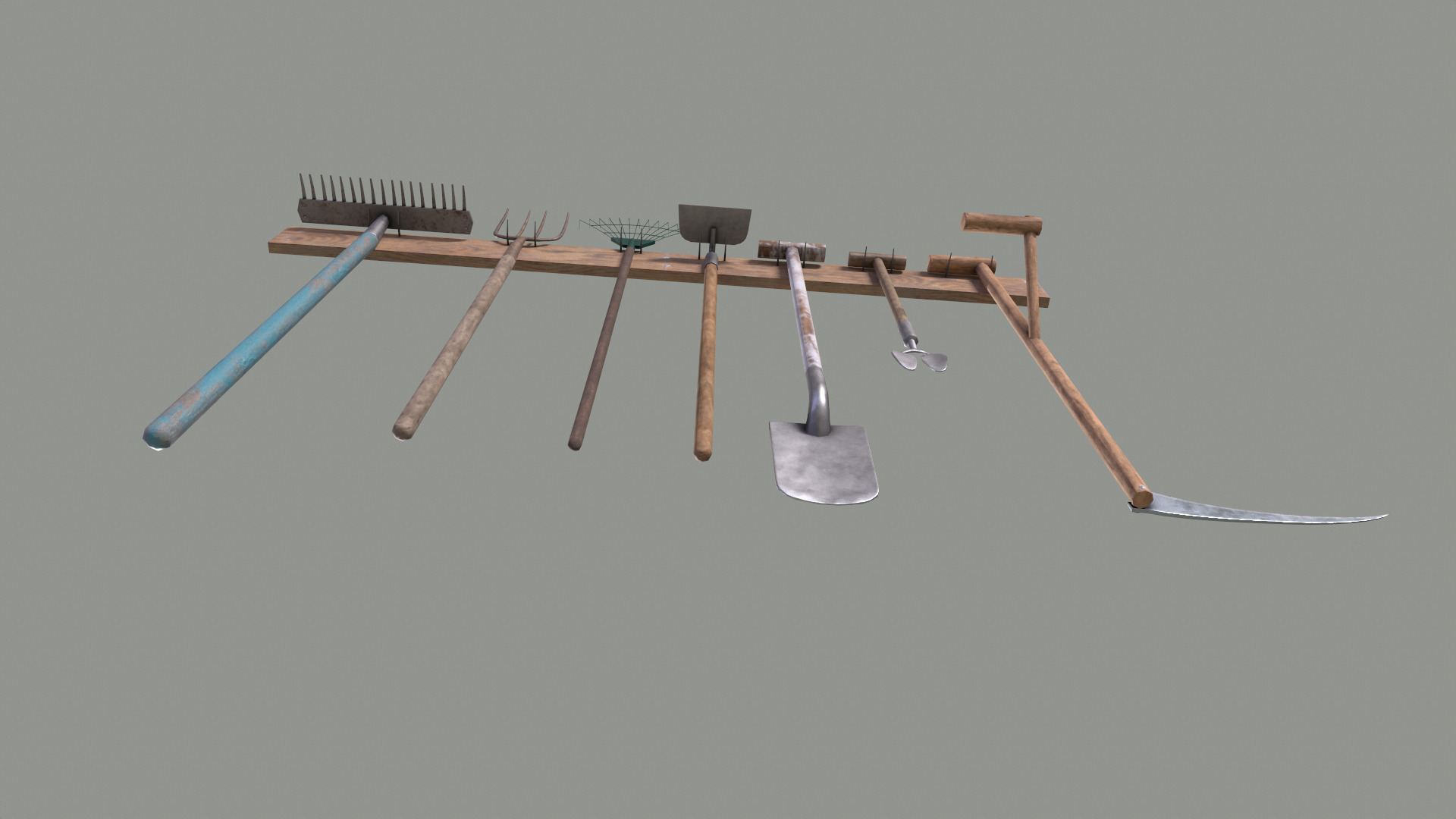 Tool Rack with Garden Tools Low-poly 3D model_16