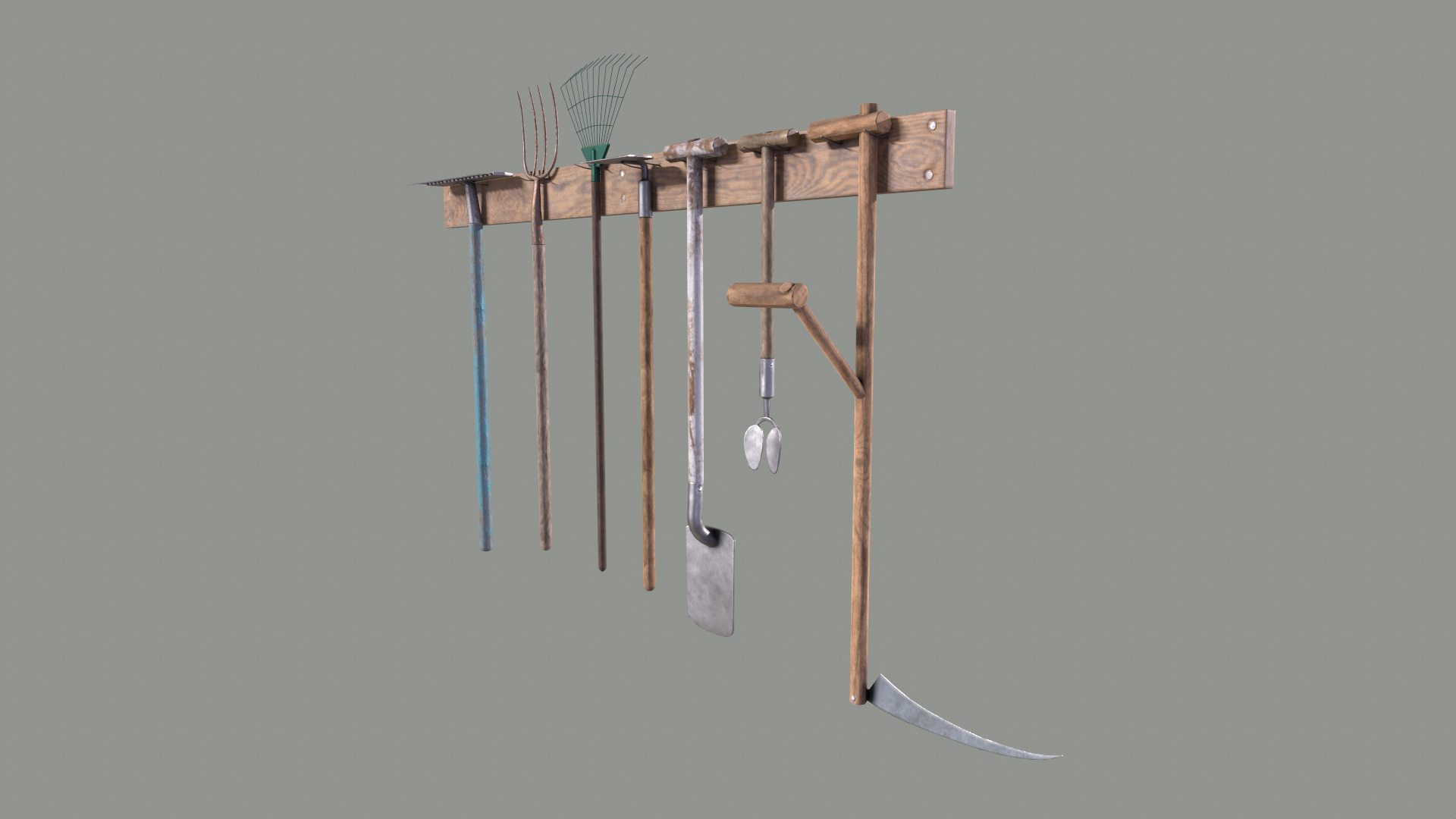 Tool Rack with Garden Tools Low-poly 3D model_3