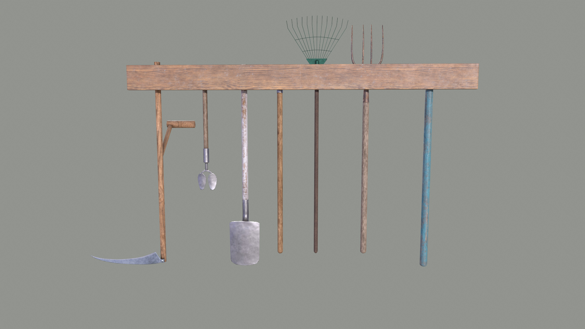 Tool Rack with Garden Tools Low-poly 3D model_4