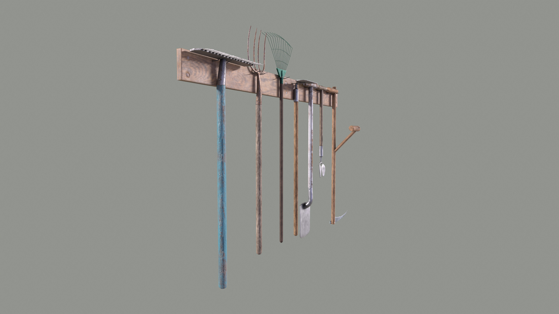 Tool Rack with Garden Tools Low-poly 3D model_2