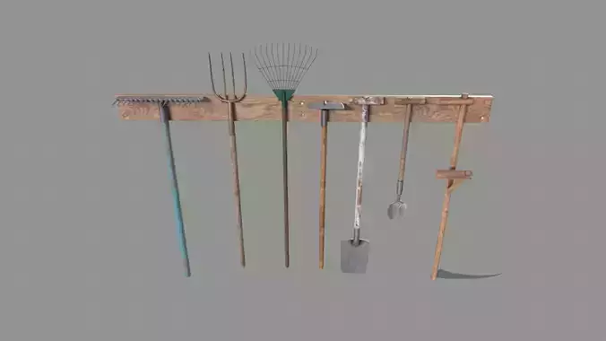 Tool Rack with Garden Tools Low-poly 3D model