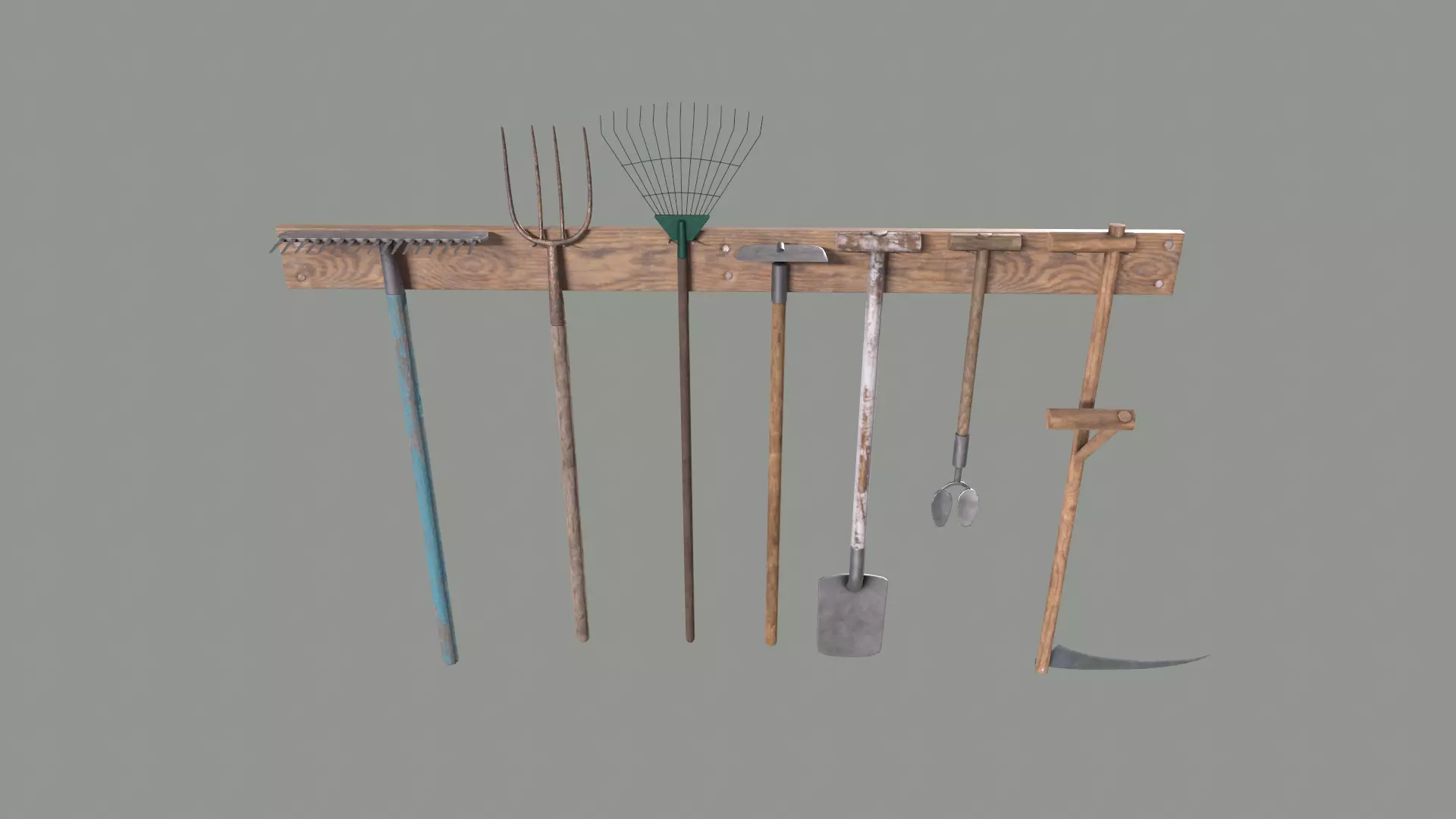 Tool Rack with Garden Tools Low-poly 3D model_0
