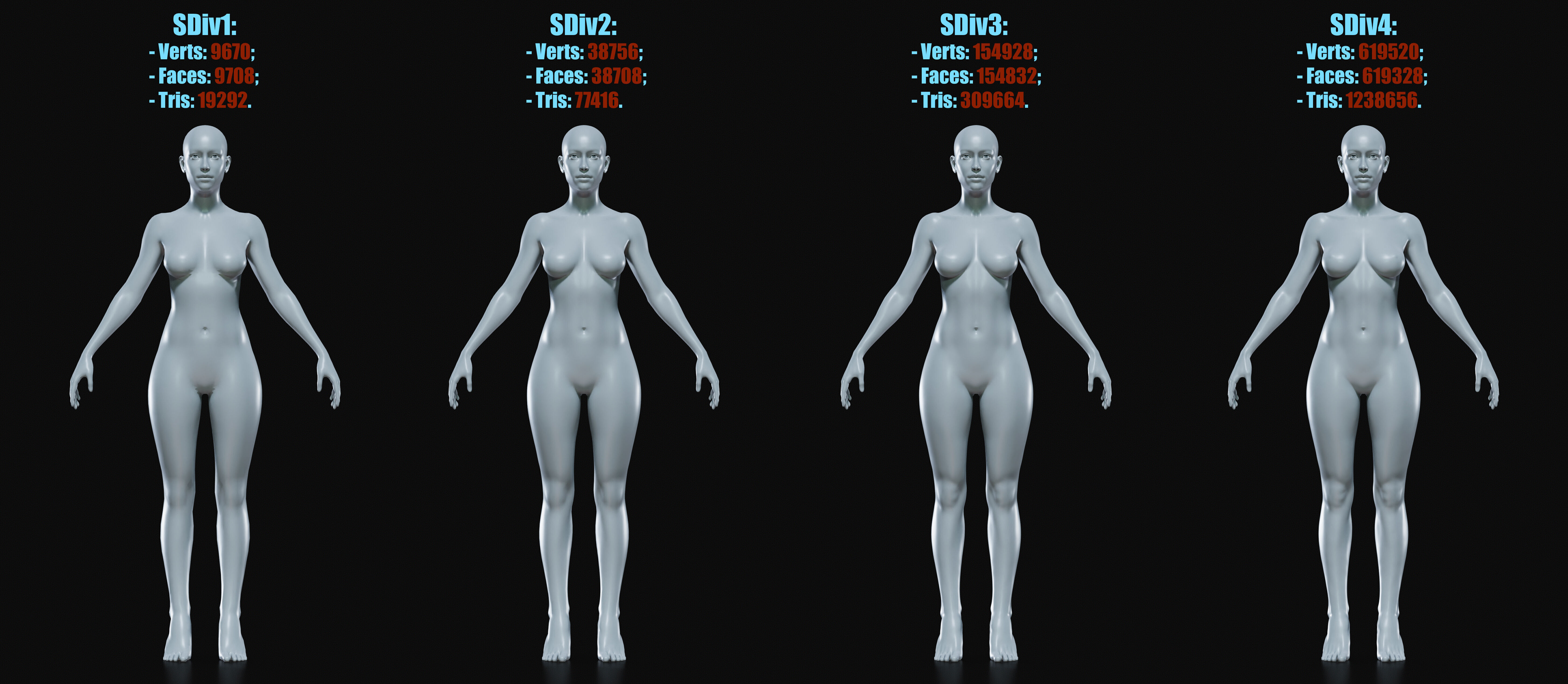 Realistic Female Body Base Mesh Low-poly 3D model_10